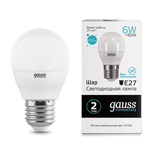 Gauss Лампа Elementary Шар 6W 450lm 4100K Е27 LED