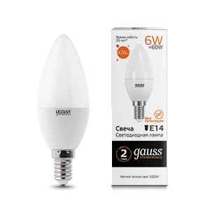 Gauss Лампа Elementary Свеча 6W 420lm 3000K Е14 LED