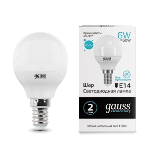 Gauss Лампа Elementary Шар 6W 450lm 4100K Е14 LED