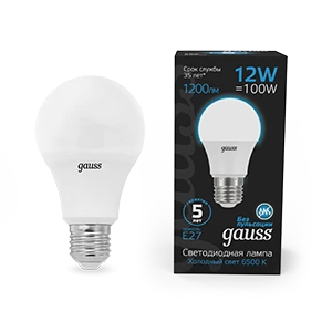 Gauss Лампа A60 12W 1200lm 6500K E27 LED 1/10/50