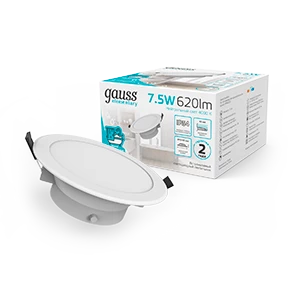 Gauss Светильник Elementary Downlight круг 7,5W 620lm 4000K 185-250V IP54 95*45 монтаж белый LED 1/40
