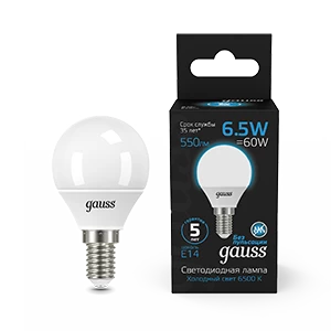 Gauss Лампа Шар 6.5W 550lm 6500K E14 LED 1/10/100