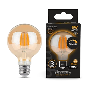 Gauss Лампаs Filament G95 6W 620lm 2400К Е27 golden диммируемая LED 1/20