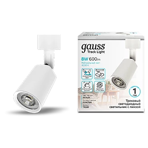 Gauss Светильник трековый цилиндр 8W 600lm 4000K 180-220V IP20 59*164мм белый линза 50º LED 1/50