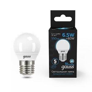 Gauss Лампа Шар 6.5W 550lm 6500K E27 LED 1/10/100