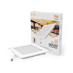 Gauss Светильник Slim квадрат 9W 610lm 3000K 180-265V IP20 монтаж Ø130*130 145*145*22 LED