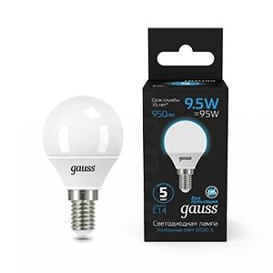 Gauss Лампа Шар 9.5W 950lm 6500K E14 LED 1/10/50