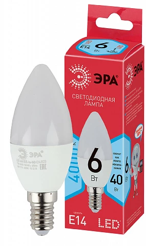 ЭРА Лампочка светодиодная RED LINE LED B35-6W-840-E14 R E14 / Е14 6 Вт свеча нейтральный белый свет