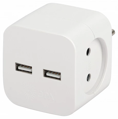 ЭРА Разветвитель электрический ЭРА SP-2-USB-W на 2 розетки 220V + 2xUSB 2400mA, без заземл 10А (белый)