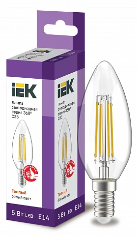 IEK Лампа LED C35 свеча прозрачный 5Вт 230В 3000К E14 серия 360°