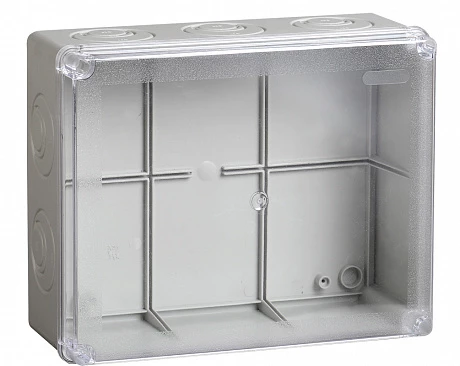 IEK Коробка КМ41275 распаячная для о/п 240х195х90 мм IP44 (RAL7035, прозр. кр., кабельные вводы 5 шт)