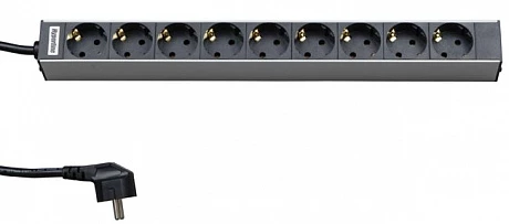 Hyperline SHT19-9SH-2.5EU Блок розеток для 19" шкафов, горизонтальный, 9 розеток Schuko (16A), 230 В, кабель питания 1.5мм2, длина 2.5 м, с вилкой Sch