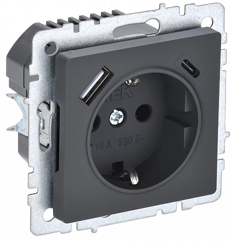 IEK BRITE Роз. с з/к/ш 16А с USB A+C 18Вт РЮш11-1-БрГ граф.