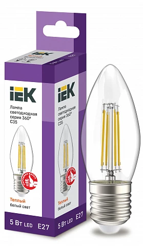 IEK Лампа LED C35 свеча прозрачный 5Вт 230В 3000К E27 серия 360°