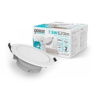 Gauss Светильник Elementary Downlight круг 7,5W 620lm 4000K 185-250V IP54 95*45 монтаж белый LED 1/40