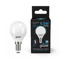 Gauss Лампа Шар 6.5W 550lm 6500K E14 LED 1/10/100