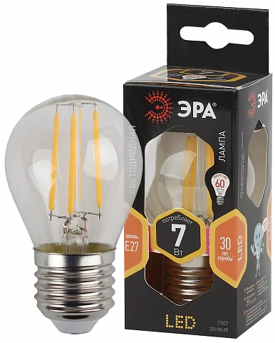 ЭРА F-LED P45-7W-827-E27 Лампа (филамент, шар, 7Вт, тепл, E27)