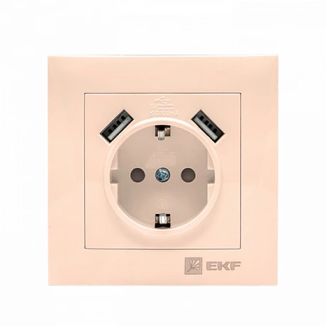 EKF PROxima Валенсия розетка 1-местная с/з 16А кремовая с защ. штор. с 2 USB 2,1А