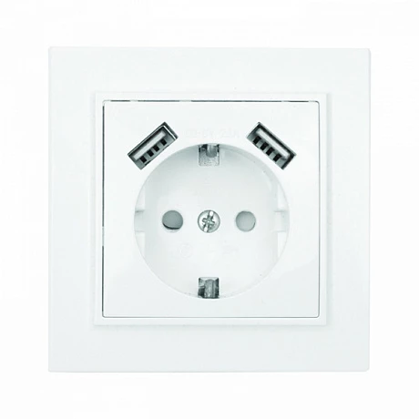 EKF Basic Минск Белый Розетка с/з, со шторками, 16А, с 2 USB 2,1А, СП