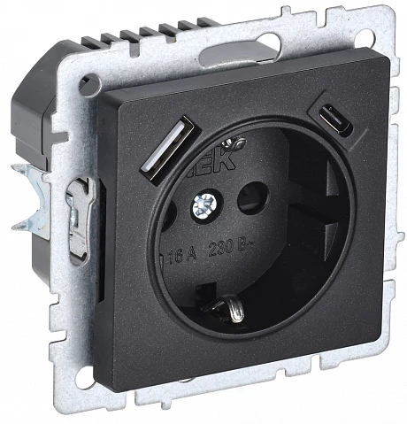 IEK BRITE Роз. с з/к/ш 16А с USB A+C 18Вт РЮш11-1-БрЧ черн.