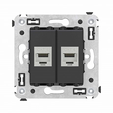 DKC Компьютерная розетка RJ-45 без шторки в стену, кат.6 двойная экранированная, "Avanti", "Черный матовый"