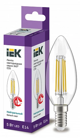 IEK Лампа LED C35 свеча прозрачный 5Вт 230В 4000К E14 серия 360°