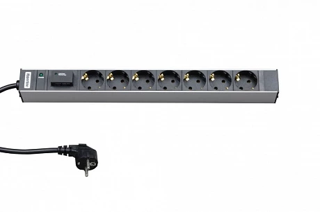 Hyperline SHT19-7SH-IF-2.5EU Блок розеток для 19" шкафов, горизонтальный, с ф-ями контроля и защиты, 7 розеток Schuko (16A), индикатор питания, ограни