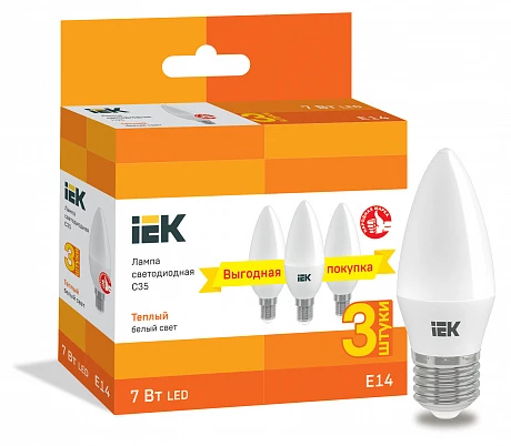 IEK Лампа LED C35 свеча 7Вт 230В 3000К E14 (3шт/упак)