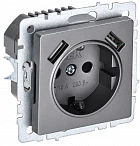 IEK BRITE Роз. с з/к/ш 16А с USB A+A 3,1А РЮш10-2-БрС сталь
