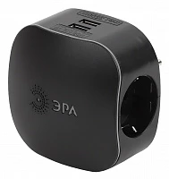 ЭРА SP-3e-USB-BLACK Черный Тройник 3гн 220V + 2xUSB 2100mA, c заземлением, со шторками
