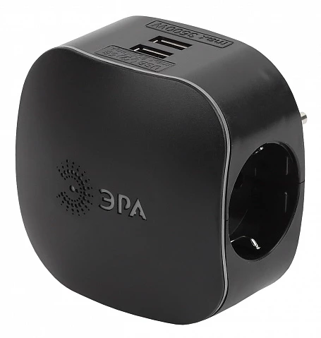 ЭРА SP-3e-USB-BLACK Черный Тройник 3гн 220V + 2xUSB 2100mA, c заземлением, со шторками