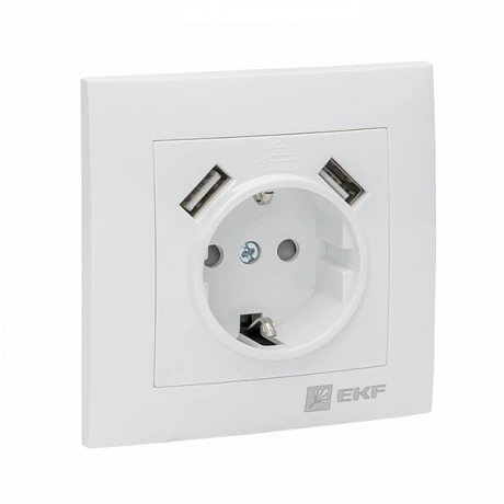 EKF PROxima Валенсия розетка 1-местная с/з 16А белая с защ. штор. с 2 USB 2,1А