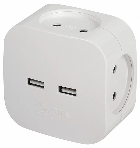 ЭРА Разветвитель электрический ЭРА SP-4-USB-W на 4 розетки 220V + 2xUSB 2400mA, без заземл 10А (белый)