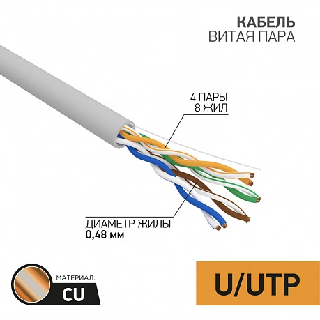 Кабель витая пара UTP 4PR 24AWG CAT5e,CU,100 МГц, PVC, серый, (бух 100м) PROconnect