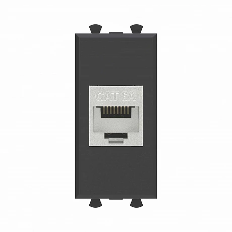 DKC Компьютерная розетка RJ-45 без шторки модульная, кат.6А экранированная, "Avanti", "Черный матовый", 1 модуль