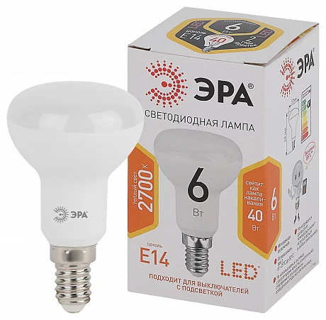 ЭРА Лампочка светодиодная STD LED R50-6W-827-E14 Е14 / E14 6Вт рефлектор теплый белый свет