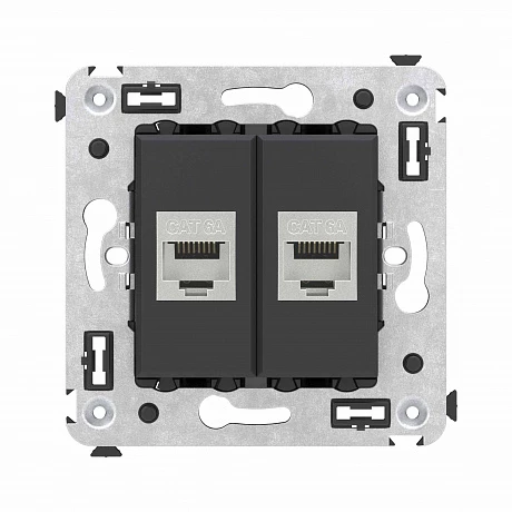 DKC Компьютерная розетка RJ-45 без шторки в стену, кат.6А двойная экранированная, "Avanti", "Черный матовый"