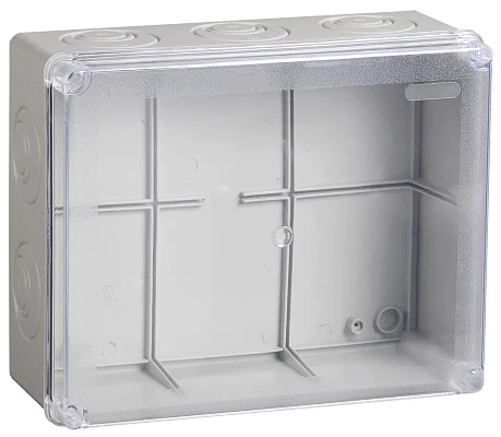 IEK Коробка КМ41276 распаячная для о/п 240х195х90 мм IP55 (RAL7035, прозр. кр., кабельные вводы 5 шт)