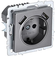 IEK BRITE Роз. с з/к/ш 16А с USB A+A 2,1А РЮш10-1-БрС сталь