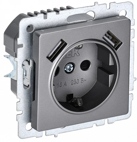 IEK BRITE Роз. с з/к/ш 16А с USB A+A 2,1А РЮш10-1-БрС сталь
