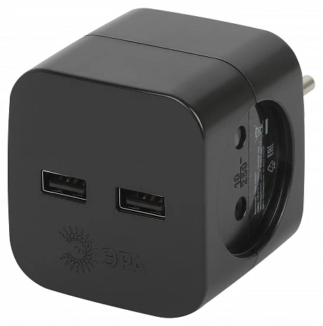 ЭРА Разветвитель электрический ЭРА SP-2-USB-B на 2 розетки 220V + 2xUSB 2400mA, без заземл 10А (черный)
