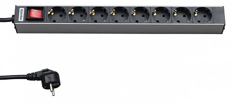 Hyperline SHT19-8SH-S-2.5EU Блок розеток для 19" шкафов, горизонтальный, с выключателем с подсветкой, 8 розеток Schuko (16A), кабель питания 2.5 м с в