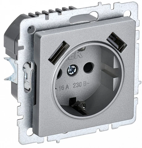 IEK BRITE Роз. с з/к/ш 16А с USB A+A 2,1А РЮш10-1-БрА алюм.